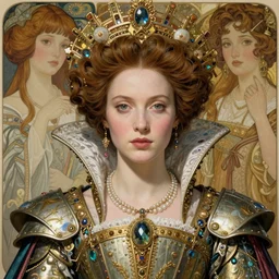 realistic detailed face portrait of a beautiful futuristic italian renaissance queen in opulent alien armor and gown by alphonse mucha, ayami kojima, amano, greg hildebrandt, and mark brooks, female, feminine, art nouveau, ornate italian renaissance cyberpunk, iridescent venetian blown glass, neo - gothic, gothic, character concept design