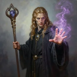 masterpiece painting of a sorcerer holding a staff, extending a hand casting magic spells, highly realistic, highly detailed, photorealistic