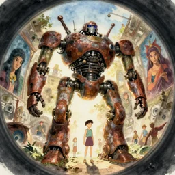 memorable animation key shot, fish eye lens, intricate, standing under the rusty robot schwerer gustav!!!!, backlit, eduardo kobra murals, ambient occlusion, studio ghibli, pixar, disney concept art watercolor illustration by craig mullins, dean cornwell, nc wyeth, satoshi kon!