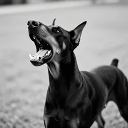 doberman pinscher growling, showing its teeth, fangs, barking, defense, attack, photorealistic, black and white film photography