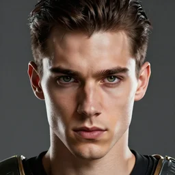 closeup portrait of a determined young caucasian man with swept back short dark brown hair and green eyes, preparing for battle, highly detailed, intricate, elegant, hyperrealism, digital art by ross tran and artgerm and greg rutkwowski and wlop, 8 k hd