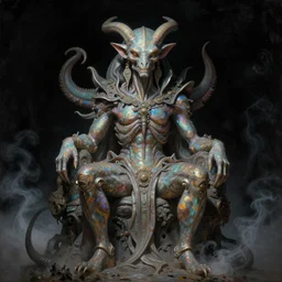 a neoclassicist sci - fi demon seated by vrubel. iridescent textures. glowing fog, black background. highly detailed fantasy science fiction painting by moebius, norman rockwell, frank frazetta, and syd mead. rich colors, high contrast, gloomy atmosphere, dark background. artstation