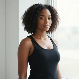 photorealistic photo portrait of beautiful black woman standing next to a window,