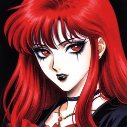 highly detailed professional portrait of 9 0 s seinen manga art of goth woman with red hair, black makeup, and red eyes. chunibyo. horror manga cover promotional art. drawn by