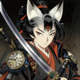 a beautiful ukiyo painting of clockpunk samurai girl with white fox ears and long swords, detailed symmetrical close up portrait, intricate complexity, concept art, by takato yamamoto, wlop, krenz cushart. cinematic dramatic atmosphere, sharp focus