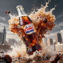 a giant diet coke and mentos eruption with fizzy cola flooding a city like a tsunami, photoshop