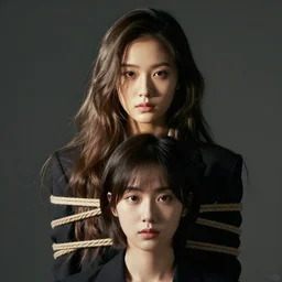 a criminal tied up with long hair, a woman with short hair is standing in the foreground