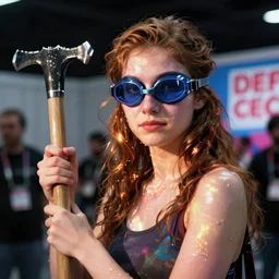 A guy with a crowbar and swim goggles at the DEF CON conference in Las Vegas