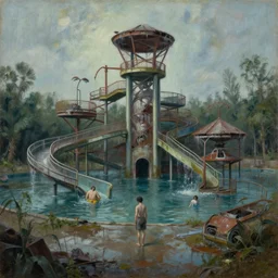 a abandoned creepy and wet water park, hyperrealistic, horror, soft lighting, ruined, high quality, highly detailed, complementary colors, oil on canvas, by zdzisław beksinski, marco mazzoni, peter gric