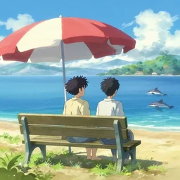 sea, bench and sun umbrella and dolphines, illustration concept art anime key visual trending pixiv fanbox by wlop and greg rutkowski and makoto shinkai and studio ghibli