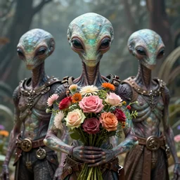 beautiful, amazing hyper realistic, extraterrestrial alien gentlemen holds a bunch of flowers, by greg rutkowski hyper realistic, pixar, intense, epic, powerfull, alphonse mucha, octane render, highly detailed, high quality, 8 k, soft lighting, path traced, and uang guangjian and gil elvgren, symmetry!! artstation, kinkade