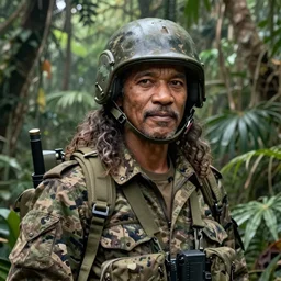 an extremely detailed matte painting of a ridiculously good looking morgan freeman that looks like a jewish gigachad in the vietnam war, wearing a ballistic helmet from patton, long curly hair, camouflaged gear, very detailed, jungles of vietnam beautiful, intricate, cinematic, artstation, william bouguereau, alphonse mucha, greg rutkowski, stanley kubrick, octane render
