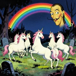 A group of five unicorns dancing on a rave in a graveyard in the woods under a rainbow in the night sky, western style comic by Salvador Dali
