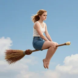 Emma Watson sitting on a magic broomstick flying in the clouds, full body shot