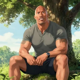 photorealistic Dwayne Johnson sitting under a tree, anime key visual, film screenshot, cinestill 800t, trending on artstation, Greg  rutkowski