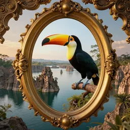 lake with hexagonal rock formations and toucan inside an intricate wide oval mirror, mirror image, cinematic, filmic, wildlife photography, x - ray, ray tracing reflections, insanely detailed and intricate, hypermaximalist, elegant, ornate, hyper realistic, super detailed, golden hour