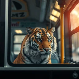 photo of a tiger inside a bus, highly - detailed reaslistic