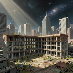a beautiful ultradetailed illustration of abandoned city architecture unfinished building court building by wayne thiebaud, universe landscape tron sunlight, archdaily, wallpaper, highly detailed, trending on artstation.