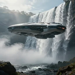 a scifi spacecraft by zaha hadid, hovering above a waterfall, beautiful landscape, environment, low angle view, hyper realism, concept art, low angle, high detail, volumetric, dramatic lighting, long shadows, ominous, misty, beautiful, by maxime bibi and jordan grimmer, breathtaking scene, cinematic, 8 k