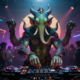 a photorealistic image of Cthulhu DJ-ing at a rave party