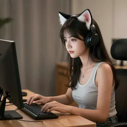 cute woman wearing tank top and cat ears plays on computer, digital art
