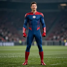 Robert Lewandowski in the style marvel superhero with a blue and red suit,no logos cinematic, 8k, detailed, cinematic, epic, full body, film style, photho realistic