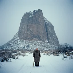 photo of shiprock, new mexico during a snowstorm. a old man in a trench coat and a cane appears in the midground. cold color temperature. blue hour morning light, snow storm. hazy atmosphere. humidity haze. kodak ektachrome, greenish expired film, award winning, low contrast.