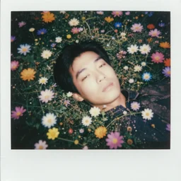 a giant asian male head resting in a field of multicolored iridescent flowers, polaroid, 1 9 8 0 s, motion blur, bioluminescent, grainy, expired film, aerial view