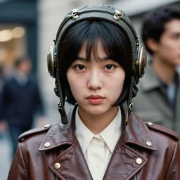 ektachrome, 5 0 mm portrait lens, highly detailed : incredibly realistic, youthful asian demure, feminine cut, exquisite features, close up portrait photo 1 9 7 0 s frontiers in flight leather suit cosplay, street photography fashion shoot, evening, nick knight,