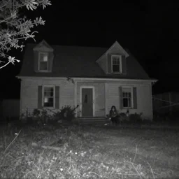 bad quality blurry nightfootage nightcam black and white trailcam footage of native weird distorted vampire at night in an old house, low resolution, compressed