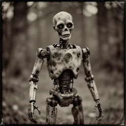 “Early 1900s daguerreotype, robot zombie in the forest, hyper realistic, by Steven Rhodes, shallow depth of field, sepia, eerie, macabre, scratches and burns on film, horror, cinematic, photorealistic, highly detailed”