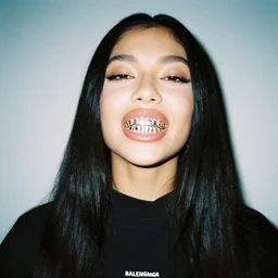 realistic photoshooting for a new balenciaga lookbook, color film photography, portrait of a beautiful woman, model is showing her grillz, photo in style of tyler mitchell, 3 5 mm,