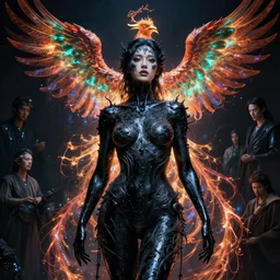 beautiful woman covered by black oil, intricate lights, phoenix, bio luminescent, plasma, by ruan jia and artgerm and range murata and wlop and ross tran and william - adolphe bouguereau and beeple. key art. fantasy illustration. award winning, artstation, intricate details, realistic, hyperdetailed, 8 k resolution.