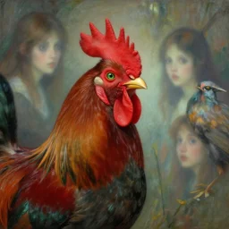a gorgeous rooster japanese art with a red scarf, medium long brown hair, green eyes, is looking at a bird, ethereal, horror, fantasy art by greg rutkowski and magali villeneuve and claude monet