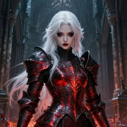 portrait white hair sinister knights of zodiac girl + smoky eyes, black fire red color reflected armor, in ruined gothic cathedral rainy night, ssci - fi and fantasy, intricate and very very beautiful and elegant, highly detailed, digital painting, artstation, concept art, smooth and sharp focus, illustration, art by tian zi and wlop and alphonse mucha