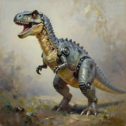 half robot half dinosaur, oil painting