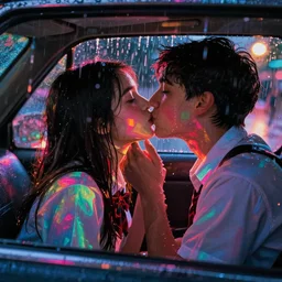 high school kids making out in a car at night in the rain, colorful!!, nighttime!, raining!