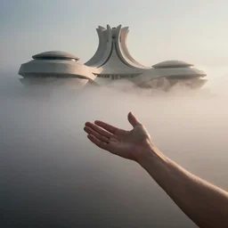 arm reaching out of thick fog, round buildings in the distance, smooth architecture, organic, sophisticated, zdzislaw beksinski, architecture of frank lloyd wright, zaha hadid, norman foster