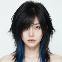 a pale emo girl with medium messy black hair, a blue streak, soft facial features, bangs covering one eye, instagram picture