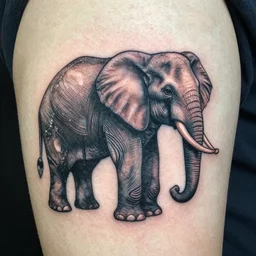 tattoo of an elephant made out of spoons, black, blue gray, pink, and white ink, detailed, hyperrealistic trending on artstation