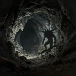 a dark cave opening with a light inside the cave and a twisted shadow creature casting shadows, matte painting, artstation, Ismail Inceoglu, 4k, dramatic