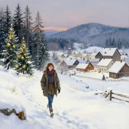 a young woman wearing a heavy jacket walking through a snowy fantasy landscape. a village on the right and a forest of lit christmas trees on the left, in the style of norman rockwell.