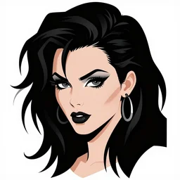 goth girl with a detailed face and black hair, burlesque psychobilly, rockabilly, punk, white background, vector art, illustration by frank frazetta
