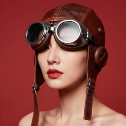 portrait of woman wearing old leather aviatorhelmet and steampunk goggles, red tones, detailed drawing, lines, moebius, jean giraud, flat colors