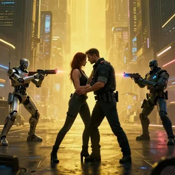 realistic, symmetrical, golden ratio, cyberpunk city, man and women in love in a gunfight with robot police.