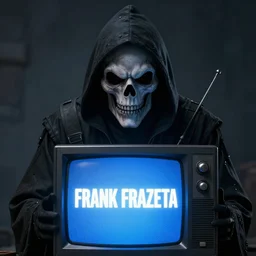 a grim reaper with a crt television for a face. the television has a blue screen with white letters on it. by frank frazetta, simon bisley, brom, concept art, octane render, unreal engine 5, highly detailed, high quality, 8 k, soft lighting, realistic face, path traced
