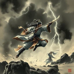 ancient ink painting of a chinese warrior in clothes with a broadsword, hejump and hit the monster down hard, dark cloud and lightning on the grounddramatic lighting, cg, whole body, extremely detailed, octane render, 8 k, sophisticated