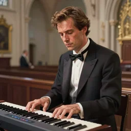 intense demeanor. close portrait. church bg. screenshot of a scene of michael mcdonald painted by norman rockwell. character designed by hideaki anno. playing. keyboard. digital. lighting by james gurney. trending on artstation. masterpiece. artgerm mucha rutkowski.