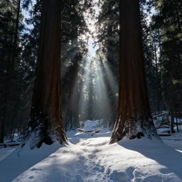 sequoia national park, winter, landscape, dramatic lighting, cinematic, rays of shimmering light, amoled, photo realism, ultra detailed, dark tones, slightly desaturated - n 4