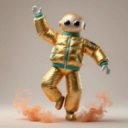 a single dancing slender figurine of a tall giant inflated space man wearing over sized gold teal puffy bomber jacket, long bendy arms and legs, googly eyes, tareme eyes, small head, personification, dynamic pose, detailed photo, tone mapped, beautiful composition, orange mist swirling at feet, 8 5 mm, f 5. 8, soft lighting